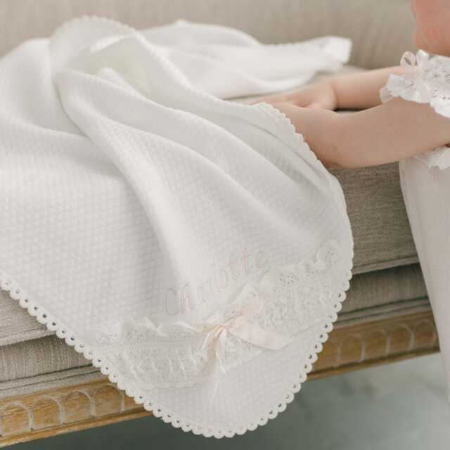 "Embroidered Baby Girl Christening Blanket - Lace & Silk Detail " - image 1