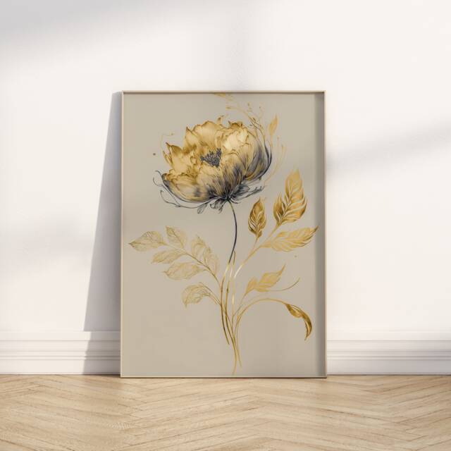Gold Flower Print Botanical Watercolor Painting, Boho Home Decor - image 1