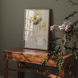 Gold Flower Print Botanical Watercolor Painting, Boho Home Decor - thumbnail 3
