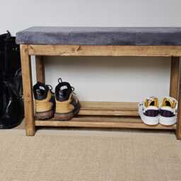 80cm Wooden Shoe Bench With Cushion - Handmade Rustic Hallway Storage Solid Wood Entryway Seating - thumbnail 4