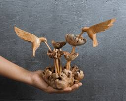 Handmade Wood Hummingbird Sculpture Birds On A Tree Figurine, 11 - thumbnail 1