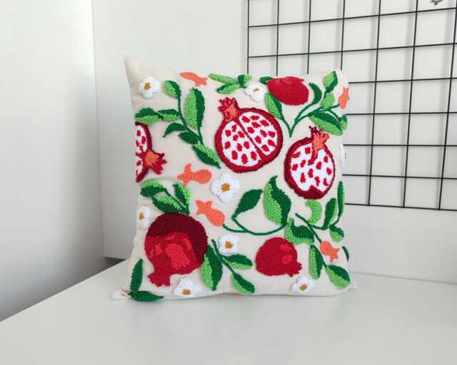 Handmade Pomegranate Embroidery Pillow Cover Punch Needle Linen Cushion - 16 Inc - image 1