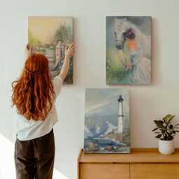 Canvas Art Set Of 3 - Nature Sceneries Lighthouse & Girl With Horse, Multicolored Wall Art, Landscapes Decor