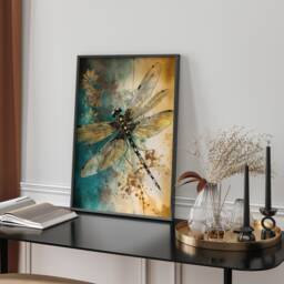 Golden Teal Dragonfly Wall Art Print Minimalist Metallic Insect Illustration Modern Boho Nature Inspired Home Decor Gift For Her - thumbnail 1
