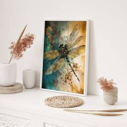 Golden Teal Dragonfly Wall Art Print Minimalist Metallic Insect Illustration Modern Boho Nature Inspired Home Decor Gift For Her - thumbnail 2