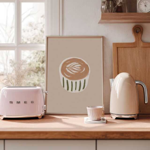 Coffee Print For Kitchen, Green Striped Mug Latte Art Poster, Minimal Cafe Wall Art, Lover Gift, Bar Decor - image 1
