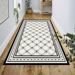 Geometric Vinyl Floor Mat Black & White Art Rug