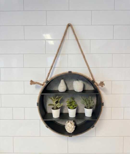Industrial Metal Wall Shelf, Distressed Black Display Shelving, Round Nautical Theme With Rope - image 1