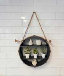 Industrial Metal Wall Shelf, Distressed Black Display Shelving, Round Nautical Theme With Rope - thumbnail 1