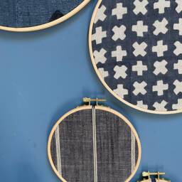 Designer Textile Gallery Wall Art Set - Wood Circle Frame Various Sizes, Modern Boho, Authentic Vintage Of 6 - thumbnail 3