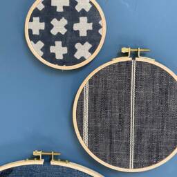 Designer Textile Gallery Wall Art Set - Wood Circle Frame Various Sizes, Modern Boho, Authentic Vintage Of 6 - thumbnail 2