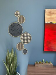 Designer Textile Gallery Wall Art Set - Wood Circle Frame Various Sizes, Modern Boho, Authentic Vintage Of 6