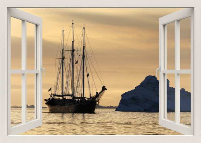 Ship Wall Decal, Sea View Shore Sticker, 3D Window Nature Living Room Home Decor Mural