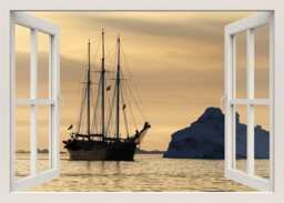 Ship Wall Decal, Sea View Shore Sticker, 3D Window Nature Living Room Home Decor Mural