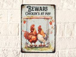 Beware Of Chickens Sign, Chicken Coop Rooster Decor, Hen House Tin Outdoor & Garden Wall Art, Gifts For Women - thumbnail 1