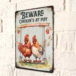 Beware Of Chickens Sign, Chicken Coop Rooster Decor, Hen House Tin Outdoor & Garden Wall Art, Gifts For Women - thumbnail 2