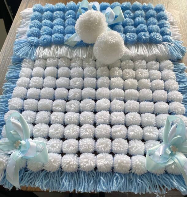 White & Blue Baby Pom Blanket With Ribbon Trim - image 1