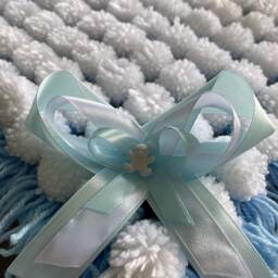 White & Blue Baby Pom Blanket With Ribbon Trim - thumbnail 2