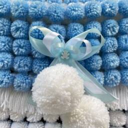 White & Blue Baby Pom Blanket With Ribbon Trim - thumbnail 3
