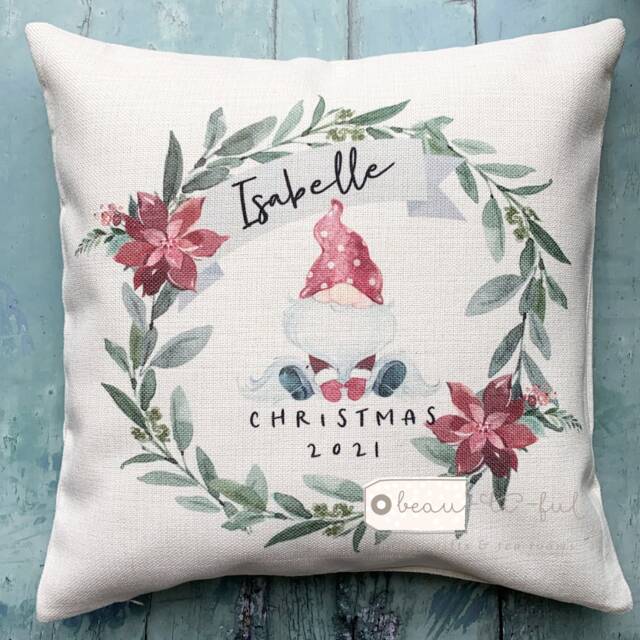 Personalised Name Christmas Santa Gnome Greenery Design Linen Style Cushion