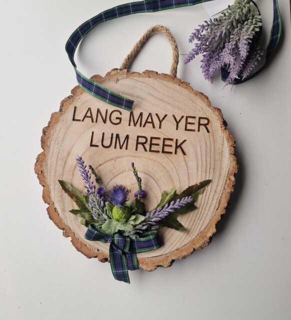 Scottish Sign, Lang May Yer Lum Reek, Hand-Burned Gaelic Saying, With Thistle Decorations - image 1