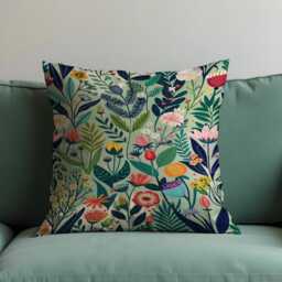 Colorful Botanical Cushion Cover, Green Floral Pattern Decorative Throw Pillowcase - thumbnail 1