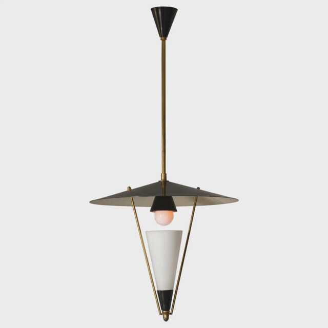 1950's Mid-Century Italian Brass, Black Enamel Pendant Lamp, Attributed To Stilnovo - Mindy Chandelier Ceiling Fixture & Linear Design - image 1