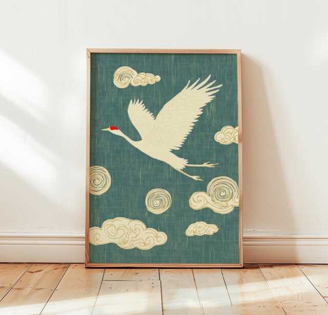 Flying Crane Poster, Asian Bird Print, Cloud Pattern Wall Art - image 1