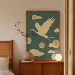 Flying Crane Poster, Asian Bird Print, Cloud Pattern Wall Art - thumbnail 2