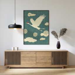 Flying Crane Poster, Asian Bird Print, Cloud Pattern Wall Art - thumbnail 3
