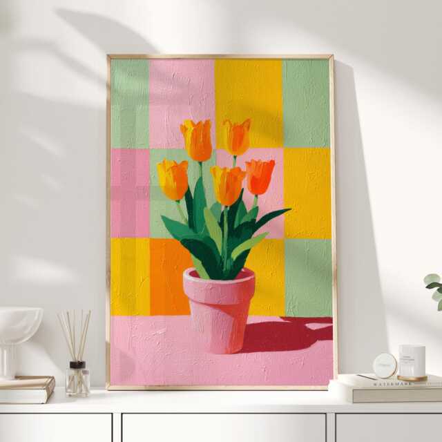 Orange Tulips Print - Colour Block Floral Wall Art Retro Pop Flower Poster For Kitchen Or Living Room - image 1
