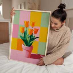 Orange Tulips Print - Colour Block Floral Wall Art Retro Pop Flower Poster For Kitchen Or Living Room - thumbnail 3