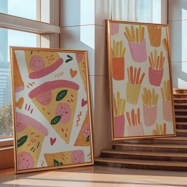 Set Of 2 Pizza & Fries Prints - Matching Kitchen Art, Fun Poster - image 1