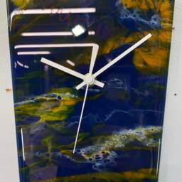 Narrow Navy Blue & Burnt Orange Abstract Resin Wall Clock, Long Modern Home Decor, Kitchen Clock - thumbnail 3