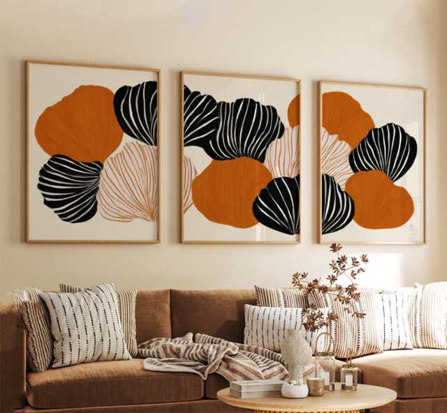 Abstract Floral Poster Set in Burnt Orange & Black - Graphic Botanical Wall Art With Striped Organic Forms - image 1