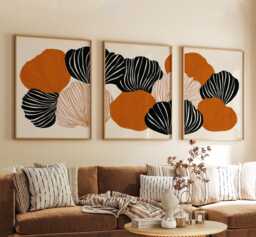 Abstract Floral Poster Set in Burnt Orange & Black - Graphic Botanical Wall Art With Striped Organic Forms - thumbnail 1