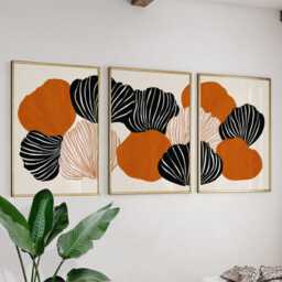 Abstract Floral Poster Set in Burnt Orange & Black - Graphic Botanical Wall Art With Striped Organic Forms - thumbnail 2