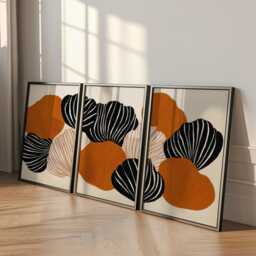 Abstract Floral Poster Set in Burnt Orange & Black - Graphic Botanical Wall Art With Striped Organic Forms - thumbnail 3
