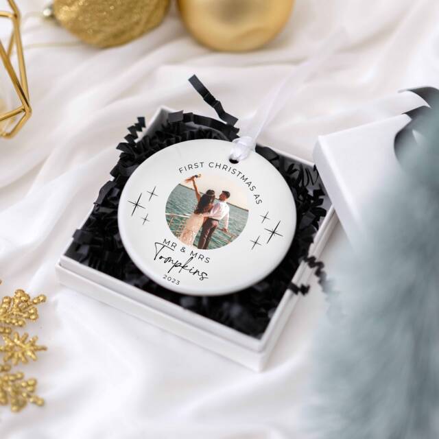 First Christmas Married Photo Ornaments, Just Bauble, Personalised Mr & Mrs Decoration, Couple Wedding Gifts - image 1