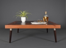 Mid-Century Square Coffee Table in Leather & Wood