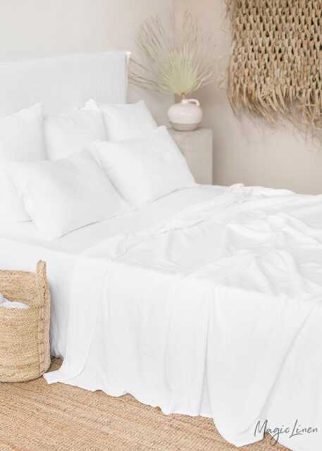 White Linen Flat Sheet - Classic Soft Stonewashed Bedding Natural Flax Top Layer Breathable All-Season Queen King Sizes - image 1