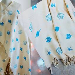 Fish Pearl Shell Hand Painted Towel, Printed Towel Peshtemal, Turkish Towel, Beach Made Pool Gift Home - thumbnail 3