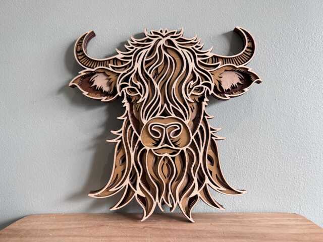 Layered Wood Highland Cow Laser Wall Art, Countryside Rustic Farmhouse Plaque - 120 - image 1
