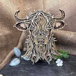 Layered Wood Highland Cow Laser Wall Art, Countryside Rustic Farmhouse Plaque - 120 - thumbnail 2