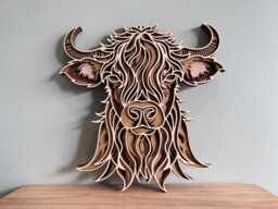 Layered Wood Highland Cow Laser Wall Art, Countryside Rustic Farmhouse Plaque - 120