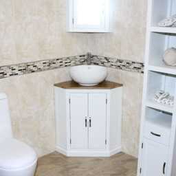 White Corner Bathroom Vanity Unit - Oak Top, Ceramic Basin - thumbnail 2