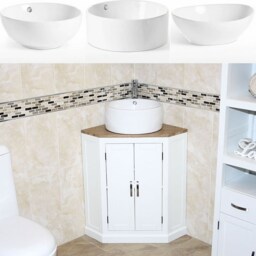 White Corner Bathroom Vanity Unit - Oak Top, Ceramic Basin