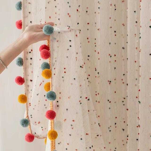 1 Pair Sheer Tulle Curtain With Rainbow Pom-Poms - Embroidered Lace For Children's Room Or Nursery Rod Pocket - image 1