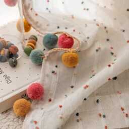 1 Pair Sheer Tulle Curtain With Rainbow Pom-Poms - Embroidered Lace For Children's Room Or Nursery Rod Pocket - thumbnail 2
