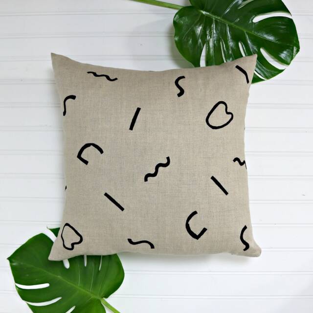 Beige Linen Pillow Cover W Block Printed Wiggle Design // Geometric Modern Cream Tan Ivory Squiggle Decorative Throw Cushion Custom Sizes - image 1